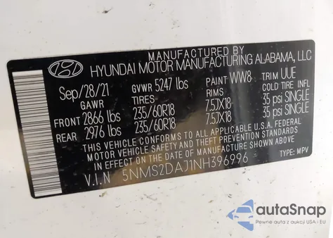 2022 Hyundai Santa Fe Sel z USA, uszkodzony, nr VIN 5NMS2DAJ1NH396996